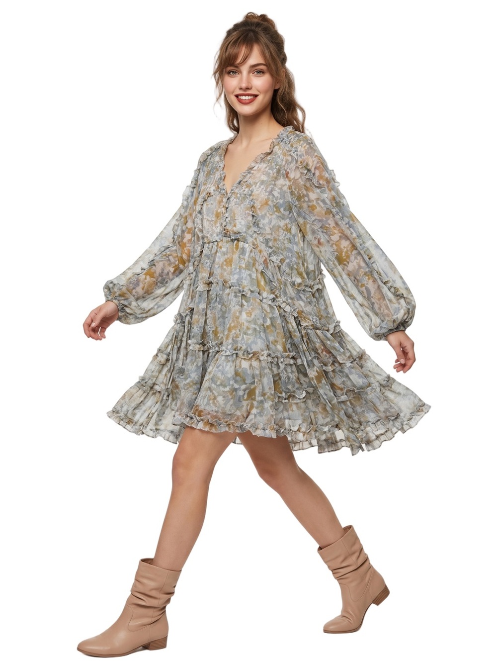 OPT Green Gray longsleeve V neck Chiffon mini dress Ruffle trim Adjustable ties - Picture 15 of 16